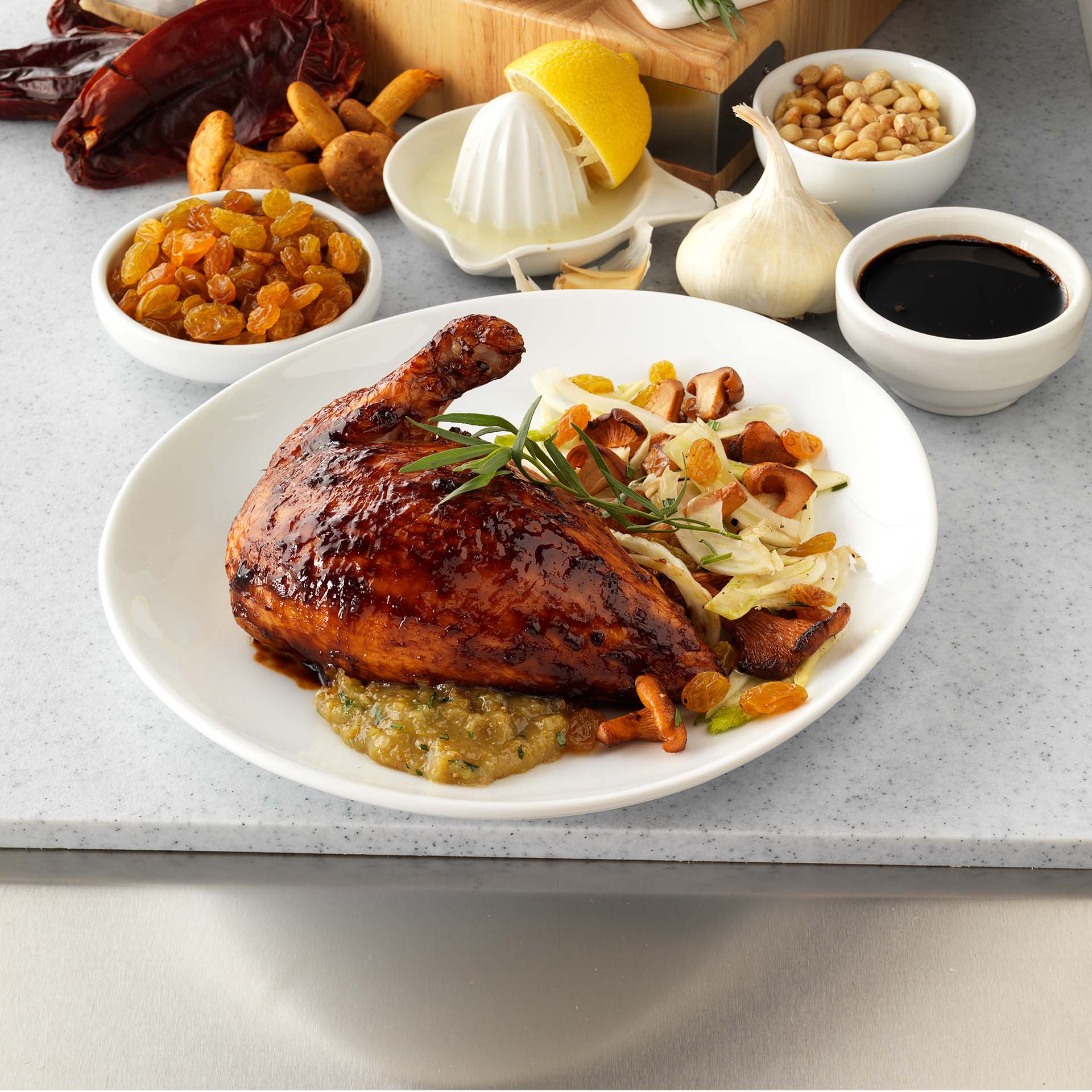 Roasted Chicken with RaisinPine Nut Jam and Shaved Fennel, Golden