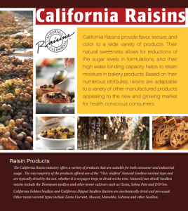 Front cover of Technical Brochure has a header California Raisins in white text with red background. A picture of raisins on trays drying on the ground.